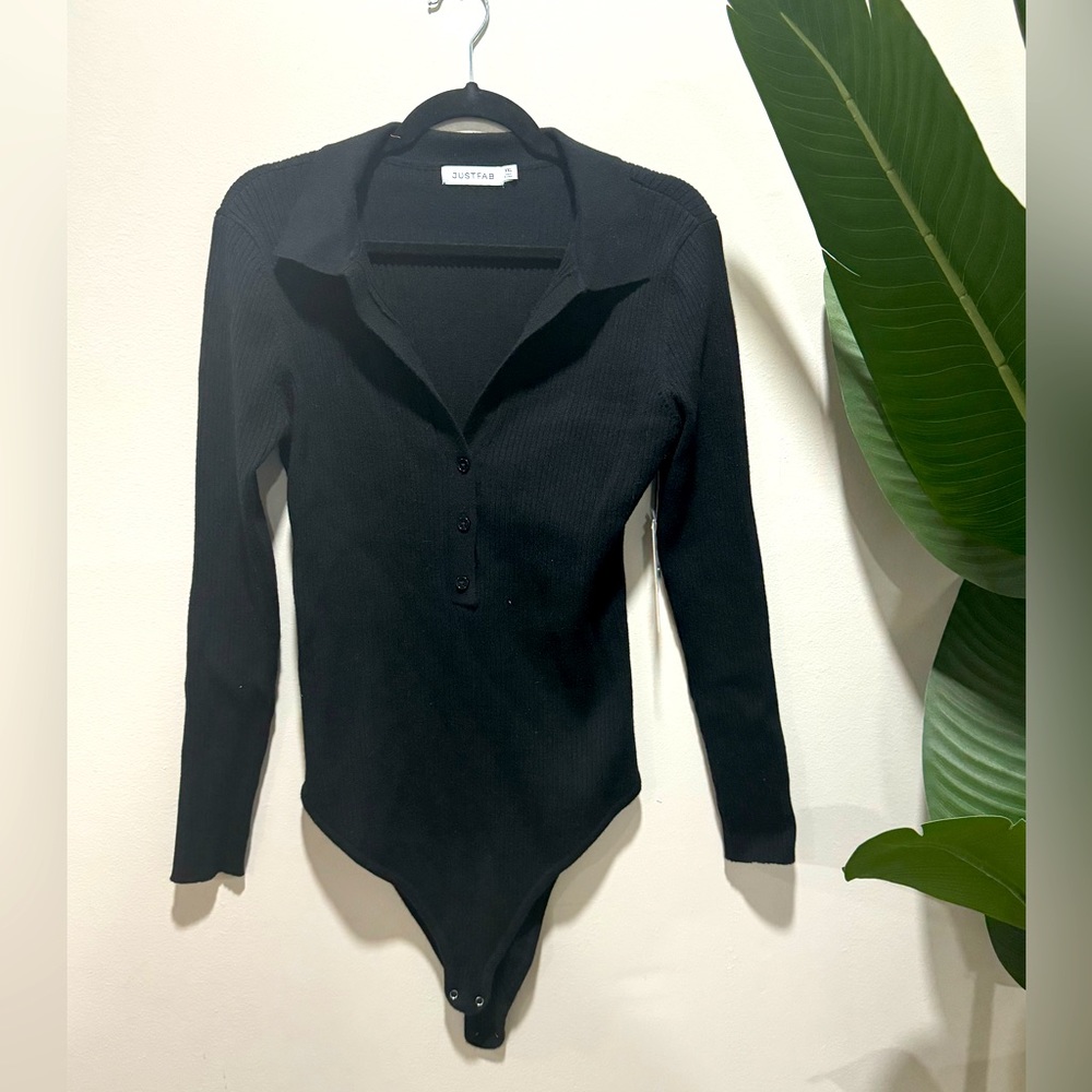 Black Ribbed Knit Button up Body Suit